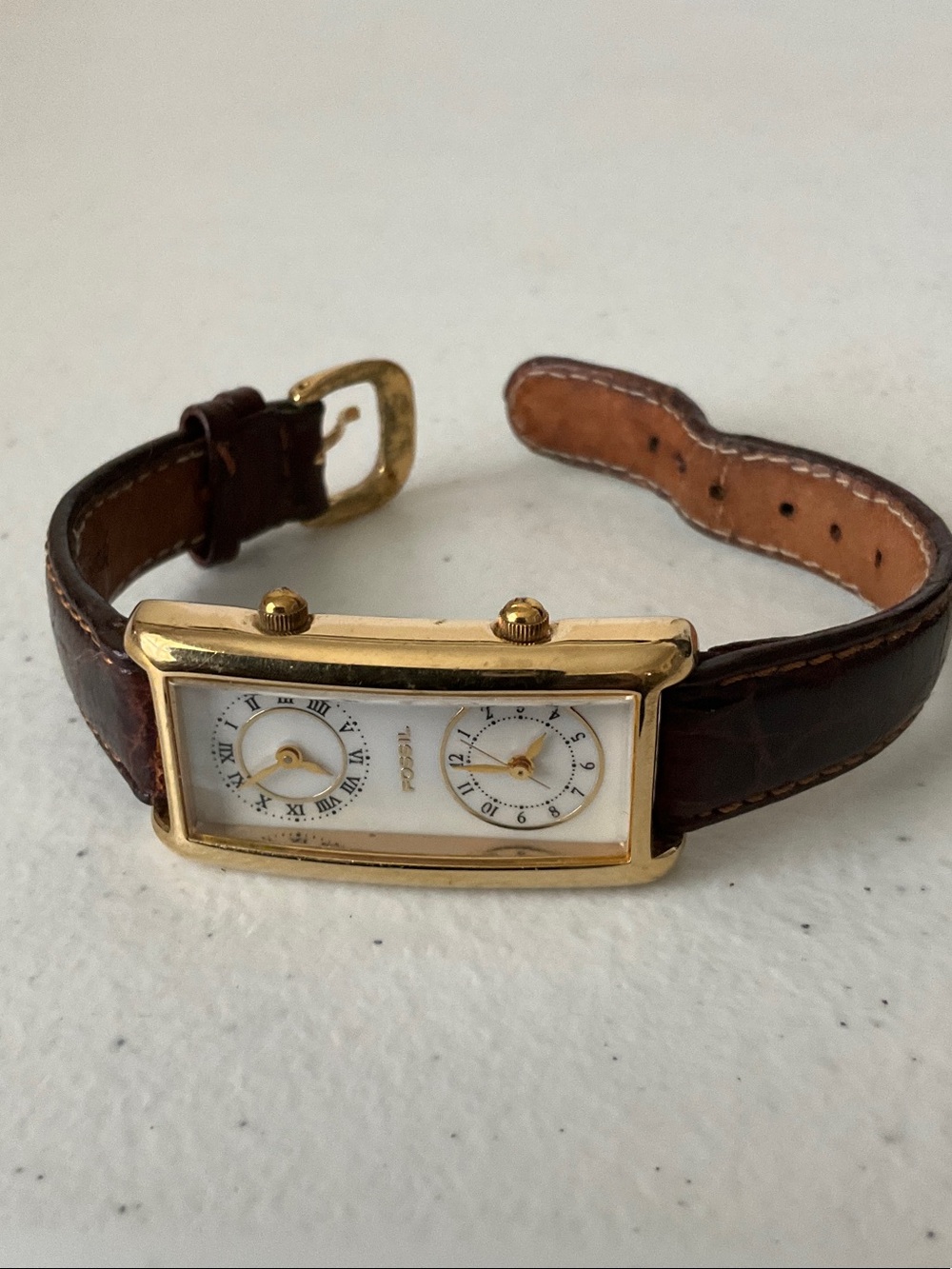 Fossil Gold-Tone Dual-Subdial Watch with Dark Brown Leather Strap - Picture 1 of 9